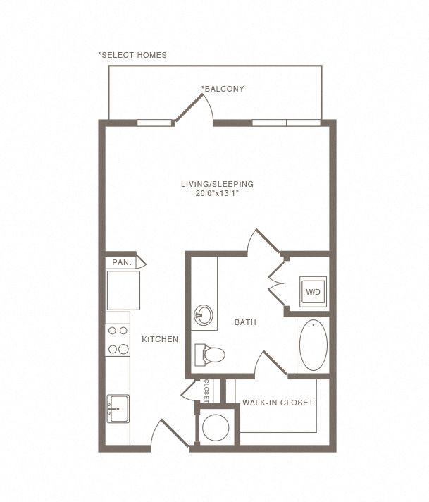 Floor plan for studio, 1 bath, 590 sqft
